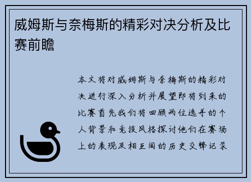 威姆斯与奈梅斯的精彩对决分析及比赛前瞻