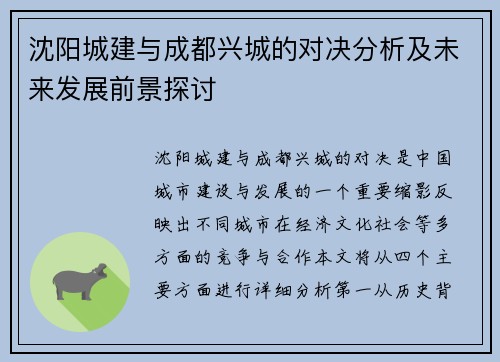 沈阳城建与成都兴城的对决分析及未来发展前景探讨