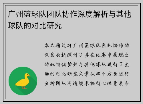 广州篮球队团队协作深度解析与其他球队的对比研究